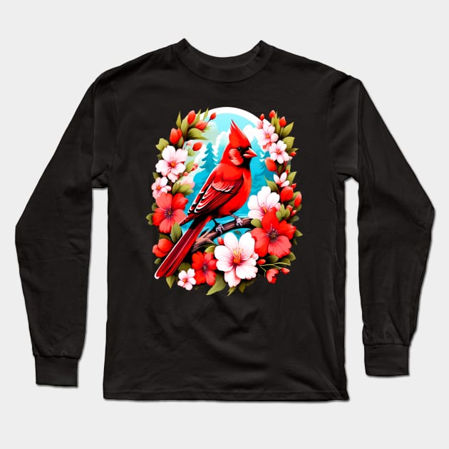 Cute Northern Cardinal Surrounded by Vibrant Spring Flowers Long Sleeve T-Shirt by BirdsnStuff